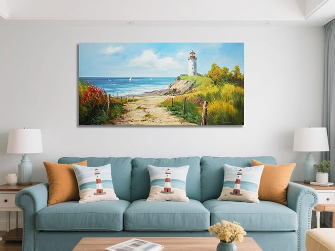 Acocifi Beach Canvas Wall Art Lighthouse Picture Nature Fall Landscape Blue Ocean Coastal Seascape Canvas Painting, Textured Artwork Large Framed for Living Room Bedroom Bathroom Office Home Decor 40"x20"