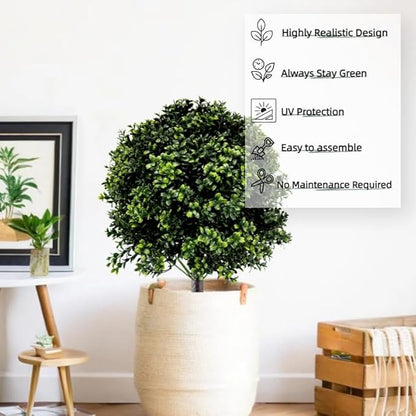 Artificial Boxwood Topiary Ball Tree with Ground Spike 27.5", Set of 2 Outdoor Faux Plants UV Resistant Fake Bushes Shrubs for Garden, Yard, Porch, Patio Decor