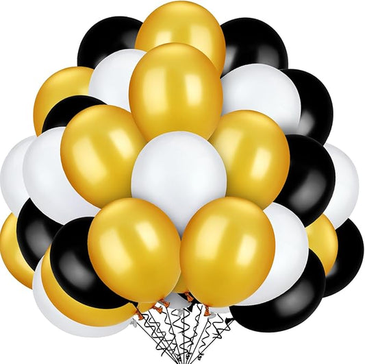 TecUnite 100 Pcs Black Gold White Latex Balloons 13 Inch Colorful Round Balloons for Birthday, Wedding, Gold Theme Party Graduation Decorations
