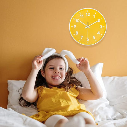 JENLYSTIME 12 Inch Modern Indoor Outdoor Clock,Round Bright Colorful Dial,Non Ticking Silent Quartz Battery Operated Wall Clocks,Easy to Read Simple Style Decor Clock for Bedroom,Kitchen(Yellow)