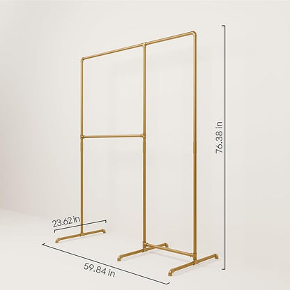 pamo Gold Clothing Rack – 59.84" W x 76.38" H – Industrial Pipe Metal Garment Organizer for Bedroom or Retail – Heavy-Duty Clothes Rack – Easy Assembly