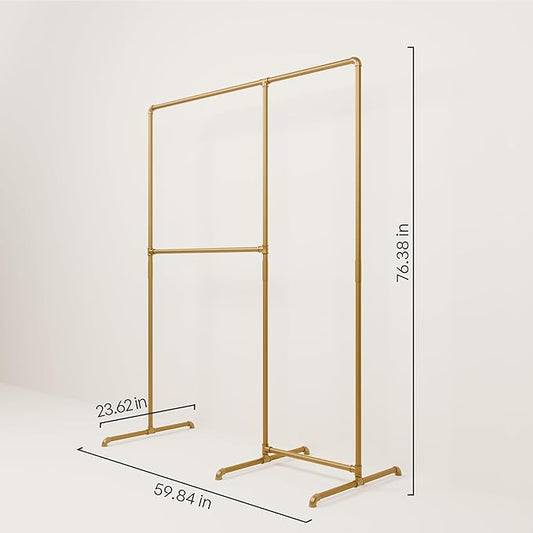 pamo Gold Clothing Rack – 59.84" W x 76.38" H – Industrial Pipe Metal Garment Organizer for Bedroom or Retail – Heavy-Duty Clothes Rack – Easy Assembly
