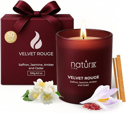 Natur IX Velvet Rouge Scented Candles for Home | Cedarwood, Saffron, Jasmine & Amber | Natural Non Toxic Soy Candles with Essential Oils | 50 H Long Burning
