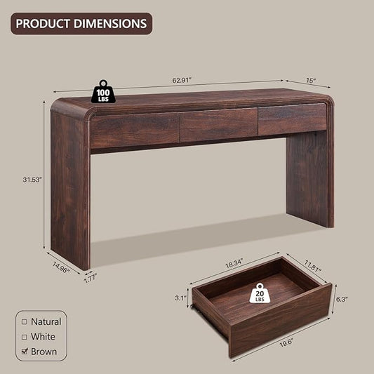 63'' Console Table with 3 Drawers, Modern Entryway Table with Curved Profile Design, Narrow Long Wood Sofa Table Behind Couch Table for Living Room, Hallway, Foyer, Brown