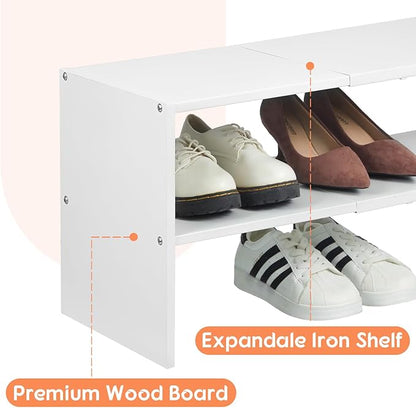 2 Pack Expandable White Shoe Rack Organizer for Closet, 2-Tier Stackable Shoe Storage Shelf, Small Iron Wood Combination Shoe Shelves for Closets,Entryway,Front Door, Narrow Space,Hallway,15-24 Pairs
