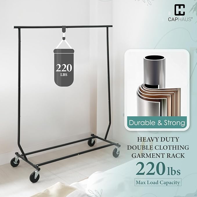 CAPHAUS Heavy Duty Clothes Rack, 220LBS Capacity Rolling Clothing Rack for Hanging Clothes, Adjustable Metal Wardrobe Rack, Portable Garment Rack with Wheels and Extendable Rod, Black