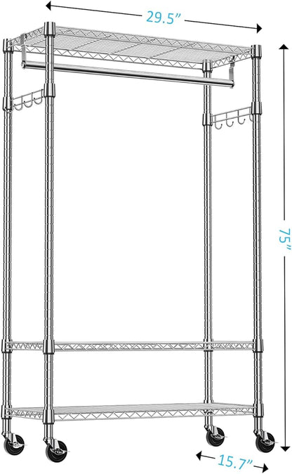 IZEUK Heavy Duty Rolling Garment Rack with 3 Adjustable Wire Shelves, Hanging Rod & Side Hooks - Mobile Clothes Rack with Wheels, 29.5" W x 15.7" D x 75" H,Chrome
