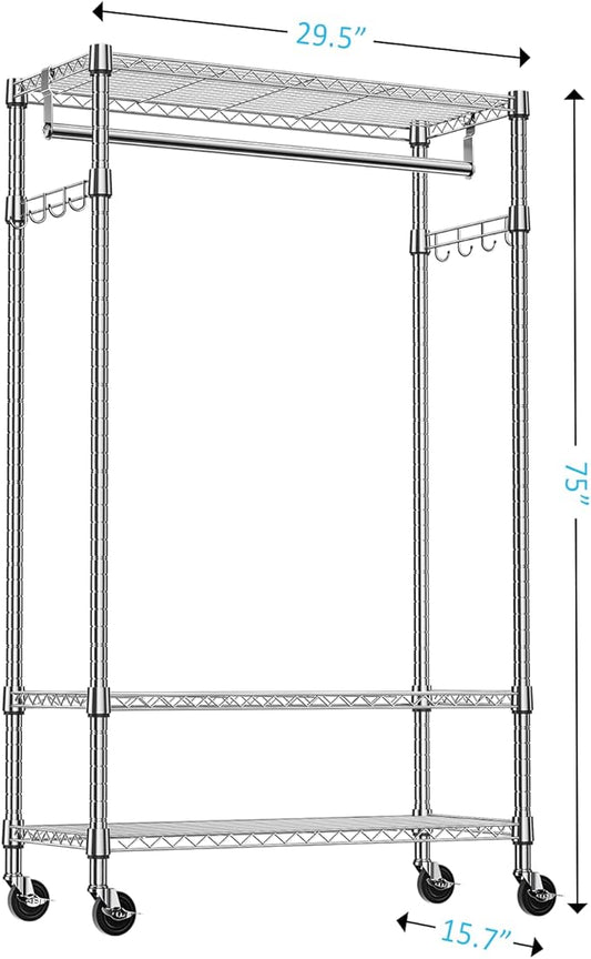 IZEUK Heavy Duty Rolling Garment Rack with 3 Adjustable Wire Shelves, Hanging Rod & Side Hooks - Mobile Clothes Rack with Wheels, 29.5" W x 15.7" D x 75" H,Chrome