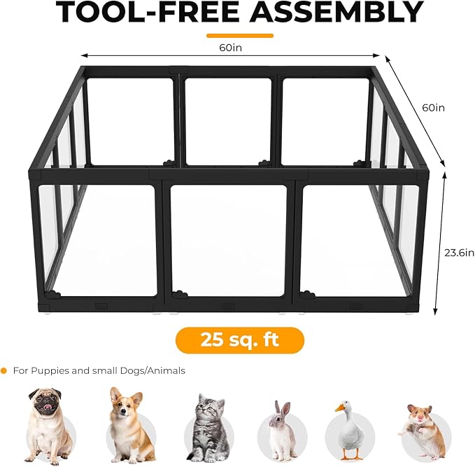 Acrylic Dog Playpen Indoor, Clear Dog Play Pen for Puppies and Small Dogs, Easy Assembly & Clean Puppy Pen (23.6", 10 Panels, Black)