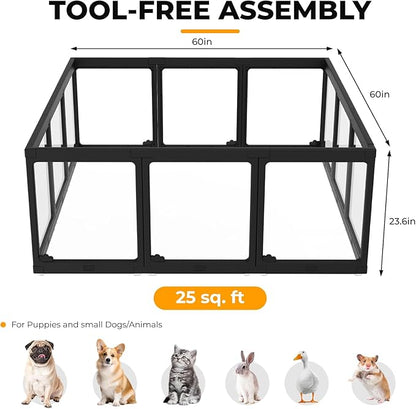 Acrylic Dog Playpen Indoor, Clear Dog Play Pen for Puppies and Small Dogs, Easy Assembly & Clean Puppy Pen (23.6", 10 Panels, Black)