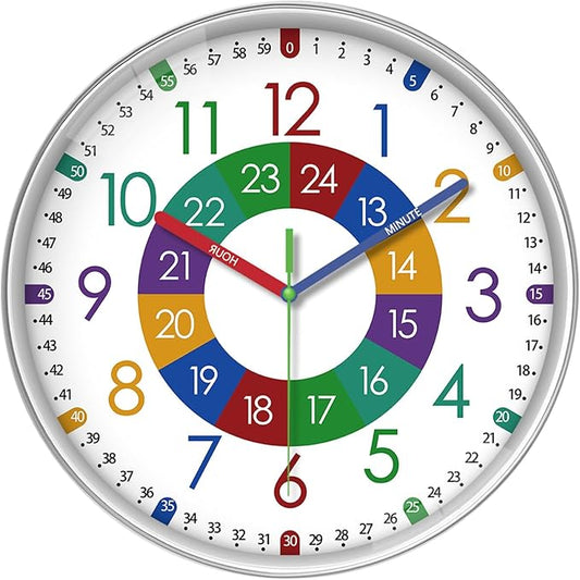 XFM Large Learning Clock for Kids Silent Non Ticking Battery Operated Colorful Teaching Time Clock 16 Inch Decorative Analog Clock for Kids Room Classroom School Playroom
