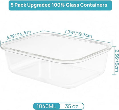 Vtopmart 5 Pack 35oz Glass Food Containers with Glass-Lids & Air Vent, Meal Prep Food Container Sets, Reusable Lunch box for leftovers, Save for Microwave, Oven, Freezer, and Dishwasher, BPA Free