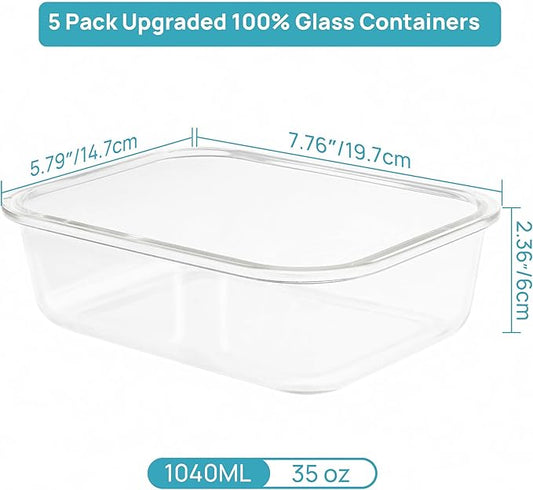 Vtopmart 5 Pack 35oz Glass Food Containers with Glass-Lids & Air Vent, Meal Prep Food Container Sets, Reusable Lunch box for leftovers, Save for Microwave, Oven, Freezer, and Dishwasher, BPA Free