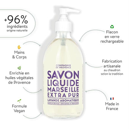 Compagnie de Provence Savon de Marseille Extra Pure Liquid Soap - Aromatic Lavender - 16.7 Fl Oz Glass Pump Bottle