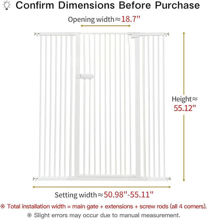 Lumizone Extra Tall Cat Gate 55.12" High Pressure Mounted Extra Wide 2025 New (17 Sizes) 1.37" Gap No Drilling Auto-Close One-Handed Operation Tall Pet Gate for Dogs(White, 55.12" H x 50.98"-55.11" W)