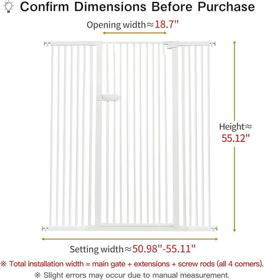 Lumizone Extra Tall Cat Gate 55.12" High Pressure Mounted Extra Wide 2025 New (17 Sizes) 1.37" Gap No Drilling Auto-Close One-Handed Operation Tall Pet Gate for Dogs(White, 55.12" H x 50.98"-55.11" W)