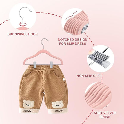 Baby Clothes Hangers with Clips, 14 Packs Kids Velvet Clothes Hangers, Heavy-Duty Childrens Hangers, Storage Organizer Clothing Hangers for Shirts, Pants, Skirts, Dresses, Jackets, Coat Pink