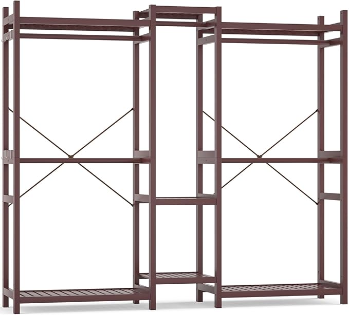 Homykic Bamboo Closet System, Large Clothing Rack for Hanging Clothes, Freestanding Clothes Rack with 7 Shelves & 5 Hanging Rods, Open Wardrobe Closet Organizer Garment Rack with 4 Hooks, Espresso