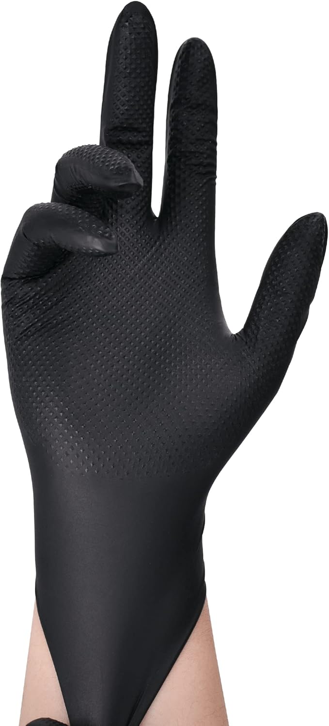 TitanFlex Heavy Duty Black Nitrile Gloves, Raised Diamond Texture, Latex Free, Powder Free Disposable Gloves (8Mil/6Mil)
