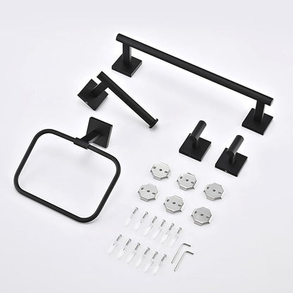 16" Matte Black Bathroom Hardware Accessories Set 5-Piece for RV Camper, SUS304 Stainless Steel Rustproof Towel Bar Kit, Durable Powder Coated Finish with 2 Robe Hooks (Matte Black)