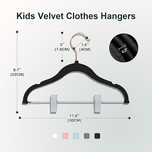 Baby Hangers with Clips, 14 Packs Kids Velvet Clothes Hangers, Heavy-Duty Childrens Pant Hangers for Shirts, Pants, Skirts, Dresses, Jackets, Coat Black - Rose Gold Hook