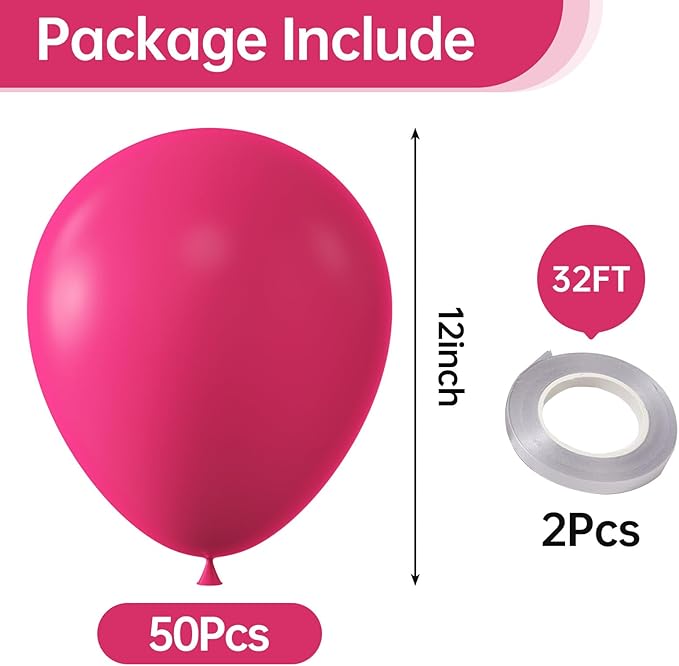 KALOR 12 Inch Hot Pink Balloons, 50 Pcs Latex Helium Balloons for Kid's Birthday Party, Baby Shower, Wedding, Graduate Party Decorations