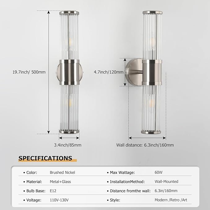 JOOSENLUX Bathroom Sconces Set of 2 Brushed Nickel Wall Sconce Light Fixtures with E12 Base and Glass Rod Design – Modern Vanity Light Fixture for Bathroom, Powder Room, Bedroom, Hallway