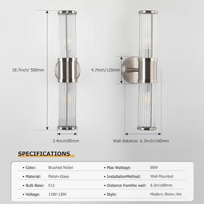 JOOSENLUX Bathroom Sconces Set of 2 Brushed Nickel Wall Sconce Light Fixtures with E12 Base and Glass Rod Design – Modern Vanity Light Fixture for Bathroom, Powder Room, Bedroom, Hallway