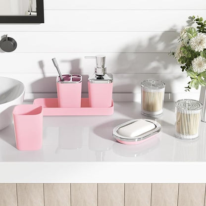 Pink Bathroom Accessory Set, Plastic Bathroom Set with Tray, Soap Dispenser, Toothbrush Holder, Toothbrush Cup, Soap Dish, Toilet Brush, Trash Can and Q-tip Holders for Bathroom/Housewarming