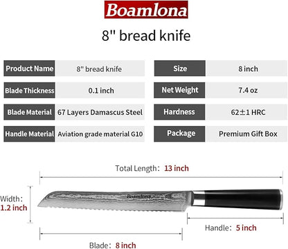 Damascus kitchen Knife, Japanese VG10 Steel Core, Sturdy & Durable G10 Handle, Real 67 Layer of Patterns, Includes Sheath and Gift Box (8" Bread Knifee)