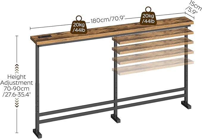70.9" Console Table with Adjustable Height (27.6"-35.4") and Power Outlet, Skinny Behind Couch Table, Narrow Long Sofa Table for Living Room, Hallway, Entryway, Rustic Brown and Black CT08UBR