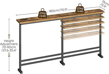 70.9" Console Table with Adjustable Height (27.6"-35.4") and Power Outlet, Skinny Behind Couch Table, Narrow Long Sofa Table for Living Room, Hallway, Entryway, Rustic Brown and Black CT08UBR