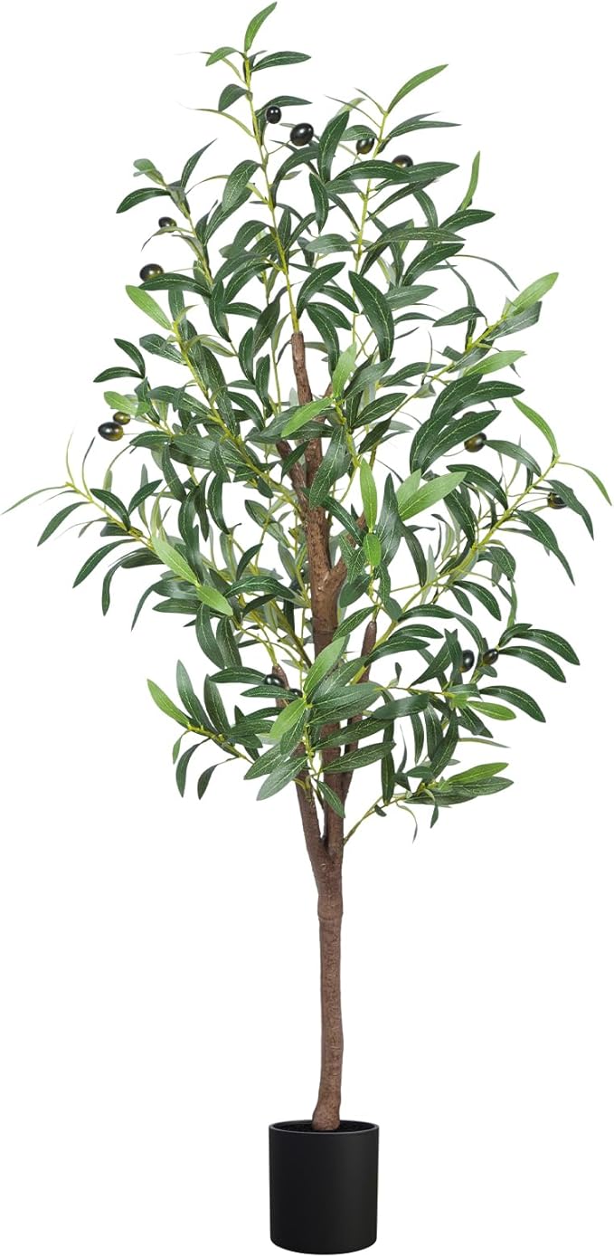 Artificial Olive Tree, 4FT Tall Faux Olive Trees 48in Outdoor Fake Potted Silk Plant with Trunk and Realistic 436 Leaves and 16 Fruits for Modern Office Home Decor（1pack）