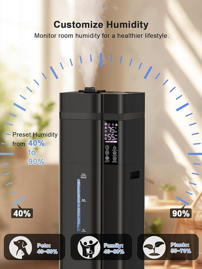 13L/3.4Gal Humidifiers for Bedroom, Ultrasonic Warm & Cool Mist Humidifier Large Room, Covers 800ft², 72H Runtime, 24H Timer, 3 Mist Modes Top Fill Quiet Humidifiers for Home, Office, Black
