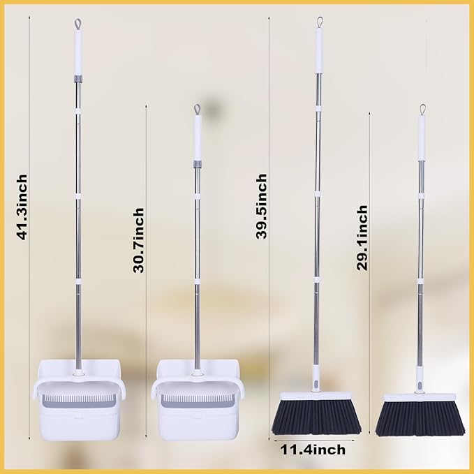 Upgrade Broom with Dustpan Combo Set Heavy Duty, Ergonomic Adjustable Handle, Cleaning Teeth, Ideal for Pets, Indoor and Outdoor Sweeping（White）