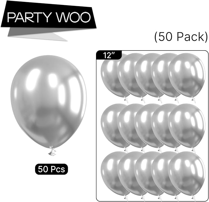 PartyWoo Metallic Silver Balloons, 50 pcs 12 Inch Silver Metallic Balloons, Silver Balloons for Balloon Garland or Arch as Wedding Decorations, Birthday Decorations, Party Decorations, Silver-G102