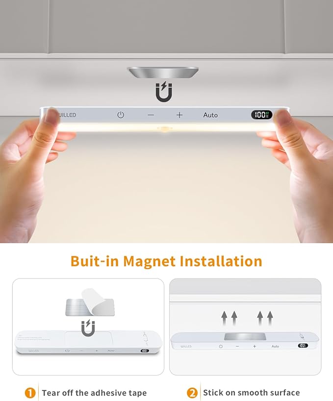 WILLED 3000K Closet Lights Motion Sensored, Battery Display, 60 LED Touch Light Bar, Motion Sensor Light Indoor, Under Cabinet Lights Rechargeable, Stick on Light for Closet, Kitchen, Hallway, 4 Pack
