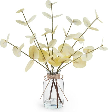 Artificial Eucalyptus Stems in Glass Vase with Faux Water, 14" Fake Plants for Home Decor, Coffee Table Centerpieces, Office, Bathroom & Farmhouse Weddings - Faux Plants Decorations