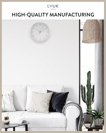 LUUK LIFESTYLE Modern Wall Clock Without Ticking, Pure Minimalist Design, legible Digits, Home Decor for Living Room, Office, in White and Silver