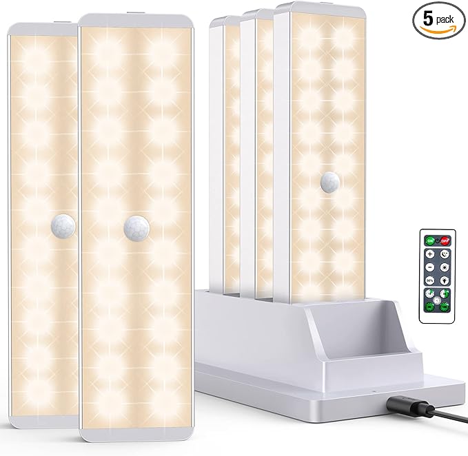 LED Closet Light with Charging Station, 5 Pcs Dimmer Rechargeable Motion Sensor Under Cabinet Lighting, Stick-Anywhere Night Safe Light Bar for Wardrobe,Kitchen-Warm