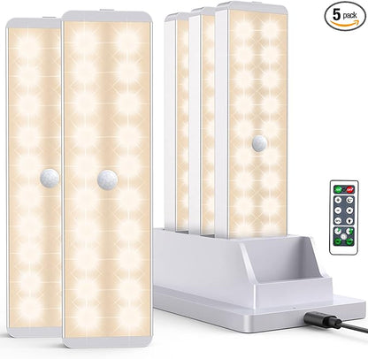 LED Closet Light with Charging Station, 5 Pcs Dimmer Rechargeable Motion Sensor Under Cabinet Lighting, Stick-Anywhere Night Safe Light Bar for Wardrobe,Kitchen-Warm