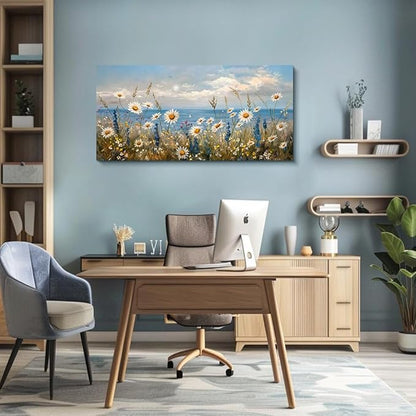 Wapluam Blue Ocean Canvas Wall Art for Living Room Wall Decor For Bedroom Bathroom Decoration Abstract Natural Seascape Painting Modern Office Wildflowers Artwork Pictures Home Decor Ready To Hang