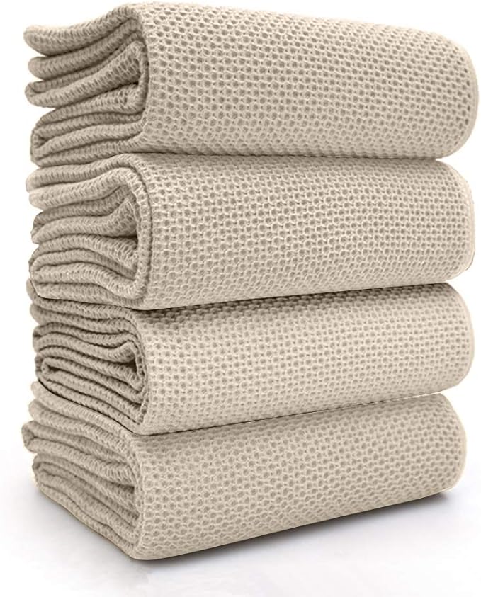 BALCONY & FALCON Waffle Weave Dish Towel Kitchen Towel Hand Dish Rags for Household Cooking Cleaning Kerchief,13x28inches,Set of 4 Beige