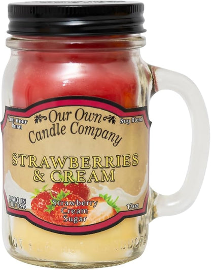 Our Own Candle Company, Strawberries & Cream Scented Mason Jar Candle, 100 Hour Burn Time, 13 Ounces