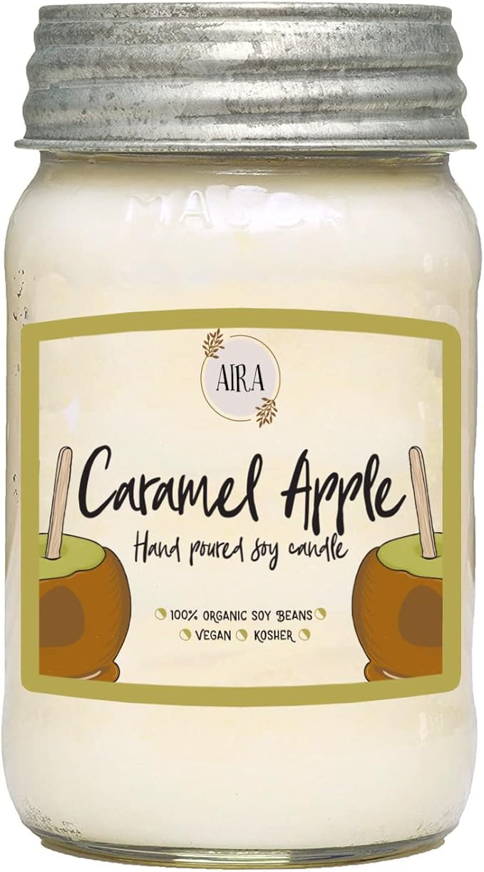 Aira Fall Soy Candles - Organic, Kosher, Vegan, Mason Jar Candle w/Aromatherapy Essential Oil Blends - Hand-Poured 100% Soy Candle Wax - Paraffin Free, Burns 110+ Hours - Caramel Apple - 16 Ounces