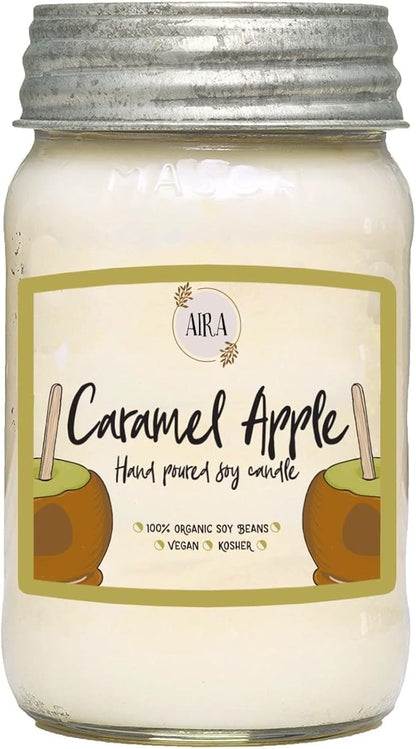 Aira Fall Soy Candles - Organic, Kosher, Vegan, Mason Jar Candle w/Aromatherapy Essential Oil Blends - Hand-Poured 100% Soy Candle Wax - Paraffin Free, Burns 110+ Hours - Caramel Apple - 16 Ounces