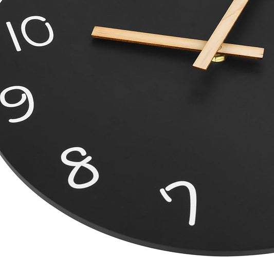 Plumeet 16'' Extra Large Wall Clock Frameless Wooden Clocks with Silent Quartz Movement - Modern Style Village Wall Clocks Decorative Home Kitchen - Battery Operated (Black)