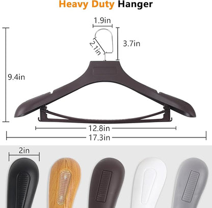 DEDU Suit Hangers for Men 10 Pack, Brown Coat Hangers Extra Wide Non Slip Width 17.7", Thick Plastic with Pants Bar & Metal Hook