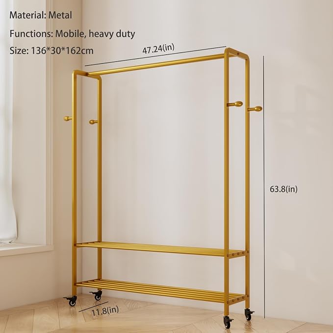Heavy Duty Clothes Rack, 47.2" Wide Metal Garment Rack,Standing Rolling Clothing Rack for Hanging Clothes with Sturdy Wheels & Shelves,Wardrobe Rack for Coats, Shirts, Dress