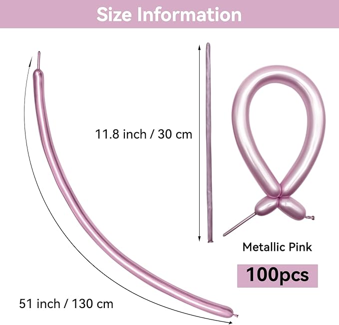 Metallic Pink Long Balloons Premium 260 Twisting Animals Magic Balloons for Birthday Kids Wedding Party Supply 100pcs